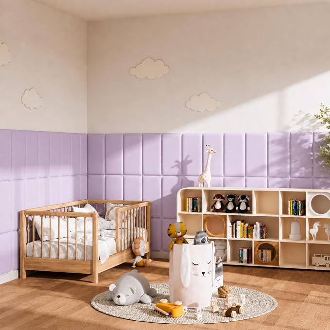 Anti Collision Wall Padding for Kids, Upholstered 3D Wall Panels | 4 Packs 7.8'' x 15.7'' Peel and Stick Headboard, Self Adhesive Wall Pads for Kids, Bedroom, Living Room, Light Purple - Image 5