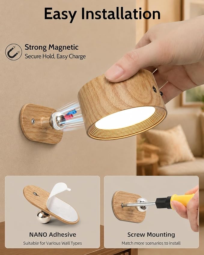 LED Wall Lights, Battery Operated Wall Sconce, Wood, 3 Pack | Rechargeable, Cordless Design, 3 Color Temps, Dimmable, 360° Rotation, Remote & Touch, Bedroom & Living Room - Image 9