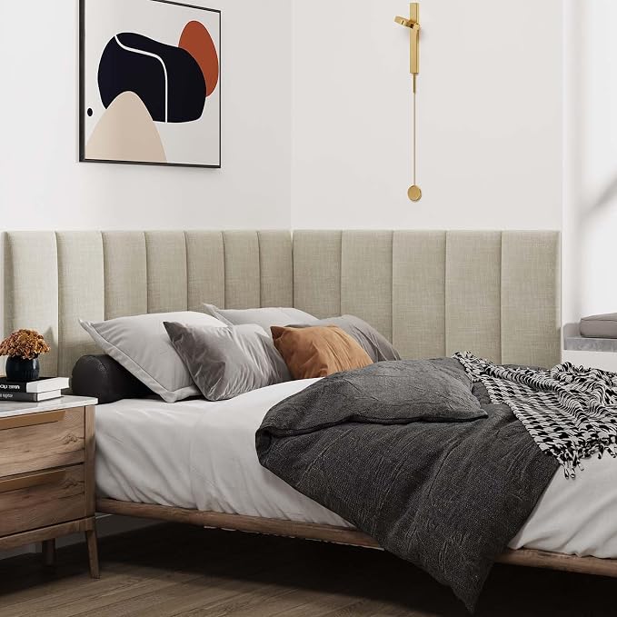 IFNOW Wall Mounted Headboard, Peel and Stick Panels, Beige, Queen | 3D Soundproof Acoustic Padding, Reusable and Removable, Tufted fabric Bed Headboard, for bedroom (9 Panels, 10" x 24") - Image 4