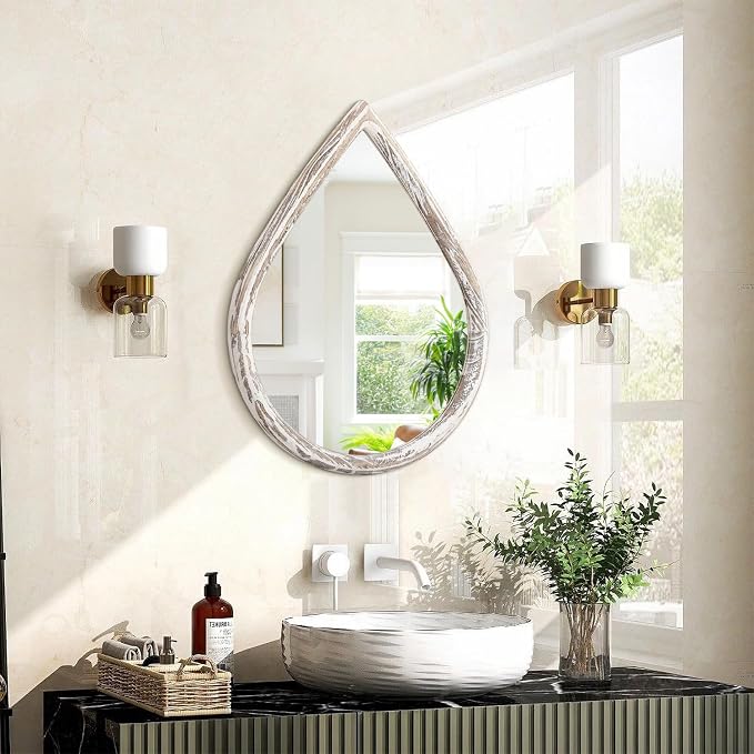 Small Teardrop Mirror Rustic White Wood Frame Mirror Farmhouse Hanging Mirror for Wall, Bathroom, Living Room, Entryway, Hallway by FEUFOAM