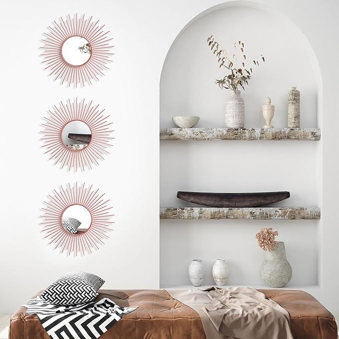 3 Pack Metal Mirrors for Wall Sunburst Wall Mirrors Home Décor Decorative Hanging Wall Art for Living Room Bedroom Entryway (Pink, Sunburst) - Image 7