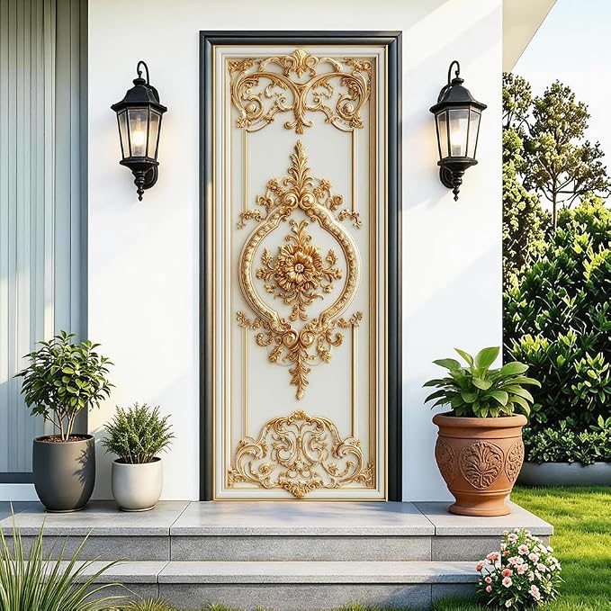 Baroque Door Mural, Gold Ornamental Floral Medallion Door Cover | Waterproof PVC, 30.3" W x 78.7" L; gold baroque design for entryway, bedroom, living room, office or closet doors. by Cmialusie