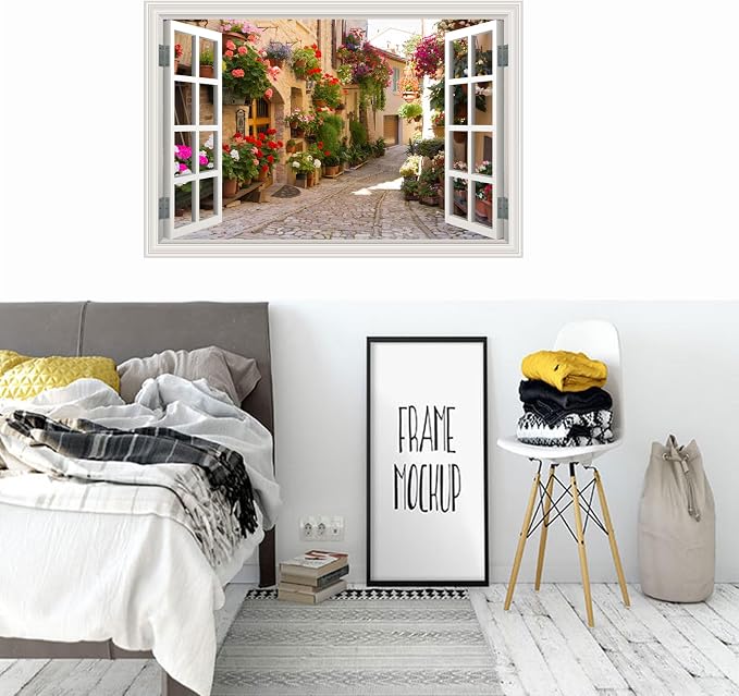 Fake Window Wall Decals Spring Italy Rose Alley Flower Wall Art Sticker | ｜Faux Window Natural Scenery Landscape Mural ｜ Stick and Peel Wall Decal｜Room Bedroom Office﻿ Decor｜48"x32",Set of 2 Sheets - Image 3