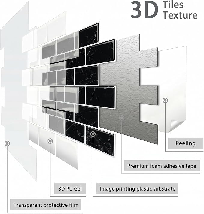 Arttown Peel and Stick 3D Wall Backsplash, 10-Sheet, 12" × 12" Black | Subway Tile Self Adhesive Thicker Design Wall Tiles Panel Wallpaper for Kitchen Bathroom Balcony Rental Housing - Image 5