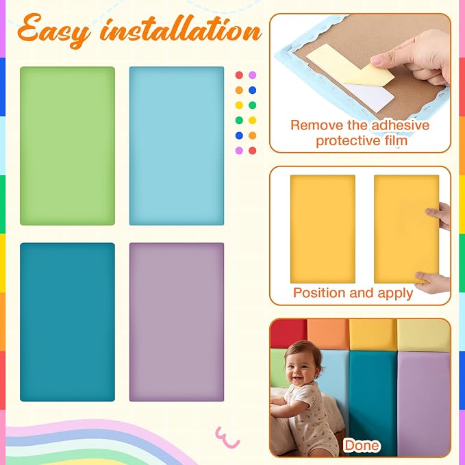 Hahafelt 8 Pack Wall Padding for Playroom Peel and Stick Headboard 19.69" x 11.81" x 1.18" 3D Anti Collision Upholstered Wall Panels Self Adhesive Headboard Panel for Protection(Rainbow Colors) - Image 4
