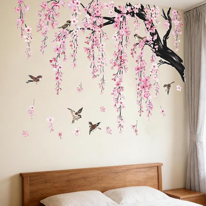 Cherry Blossom Tree Branch Wall Decals, Pink Flower with Birds Wall Sticker | 4 Sheets Wall Decoration Removable Peel and Stick Wallpaper Large Tree Floral Mural for Living Room Girls Bedroom Decor - Image 4