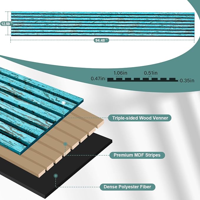 Wood Slat Acoustic Panels, 2 PCS 94.5"x12.6" (16.5ft²) 3D Wall Panels, Interior Wall Decor Noise Cancelling, 3D Fluted Sound Absorbing Panel for Office,Home,Theater,Studio (Turquoise) - Image 3