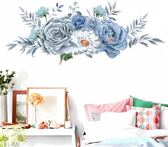 Blue-Gray Peony Flower Wall Stickers Floral Art Plants Wall Decals | Removable Vinyl Peel and Stick for Living Room Bedroom Children's Room Kitchen Sofa TV Background Home Decor - Image 2