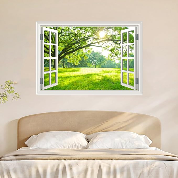 Fake Window Wall Mural Green Forest Tree Wall Art Poster Faux Window Wall Sticker for Office Home Room Decor, Peel and Stick Wall Decals 24" x 16" - Image 4