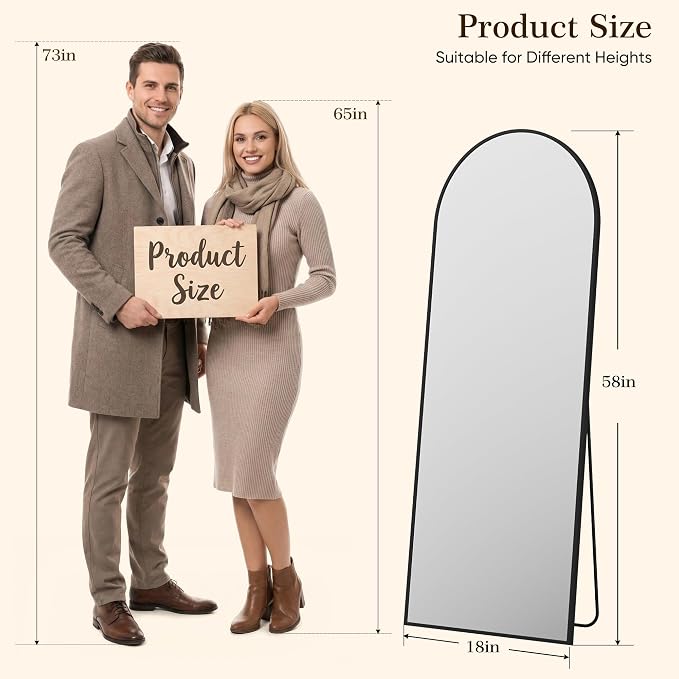 58"x18" Arched Full Length Mirror, Full Body Floor Mirror, Black - Image 2