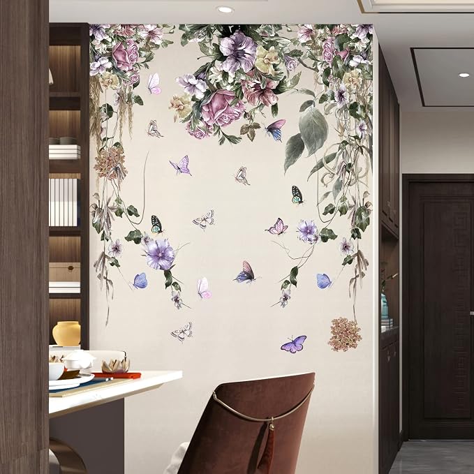 LiveGallery Purple Petunia Wall Decals Peony Flowers Stickers DIY Vinyl Peel and Stick Dark Style Art Murals for Girls Bedroom Living Room TV Sofa Backdrop Office Bathroom Wall Home - Image 7