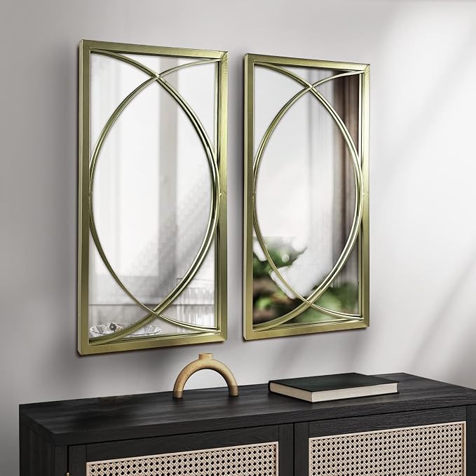 Gold Rectangle Wall Mirror with Metal Frame,Decorative Wall Mirror Set,Hanging Mirrors for Living Room Bedroom Bathroom Entryway,Pack of 2 16"X32" - Image 6