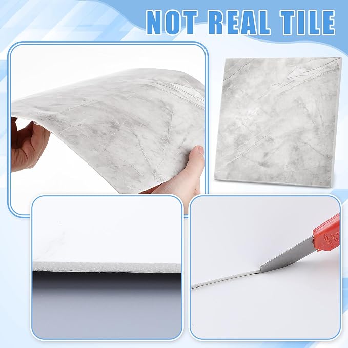 Nuanchu 72 Pcs Peel and Stick Shower Waterproof Tiles Wall Panels 12 x 12 Inch Self Adhesive Backsplash with Ruler Knife & 2 Scrapers for Washroom Bathroom Living Room, Not Real Tile (Grey Marble) - Image 7