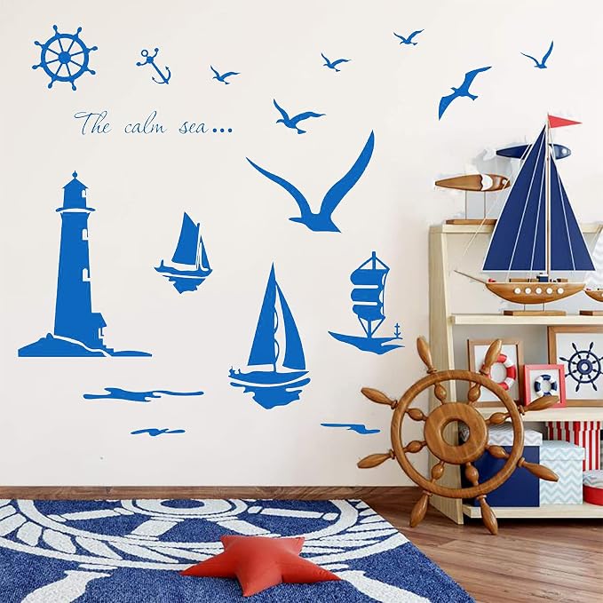 Large Sea Lighthouse Decor Wall Stickers Nautical Wall Decal with Seagulls Boat Wall Decals for Teen Decorations, Bedroom Bathroom Kids Room Nursery Decor - Image 2