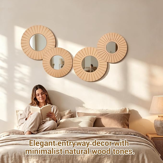 Yerliker 4 Pack Boho Wall Decor Mirror 12" 10" Hanging Baskets Wall Art Decorative Round Mirror with Wooden Frame Rustic Farmhouse Home Decor for Bedroom Living Room Dining Room Nursery - Image 6