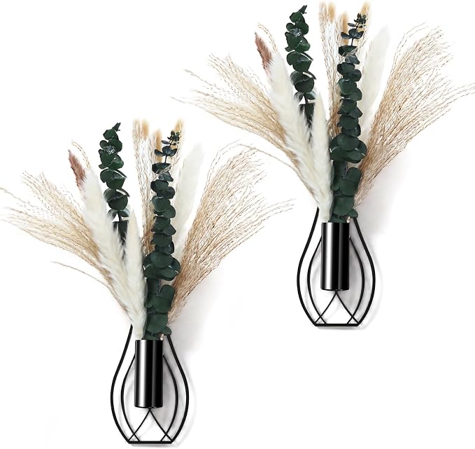 Otoolling Boho Wall Decor Set of 2 – Metal Hanging Wall Art with Faux Pampas or Eucalyptus,Minimalist Bohemian Accent for Living Room, Bedroom, Entryway(Black,Pampas,Eucalyptus) by Otoolling