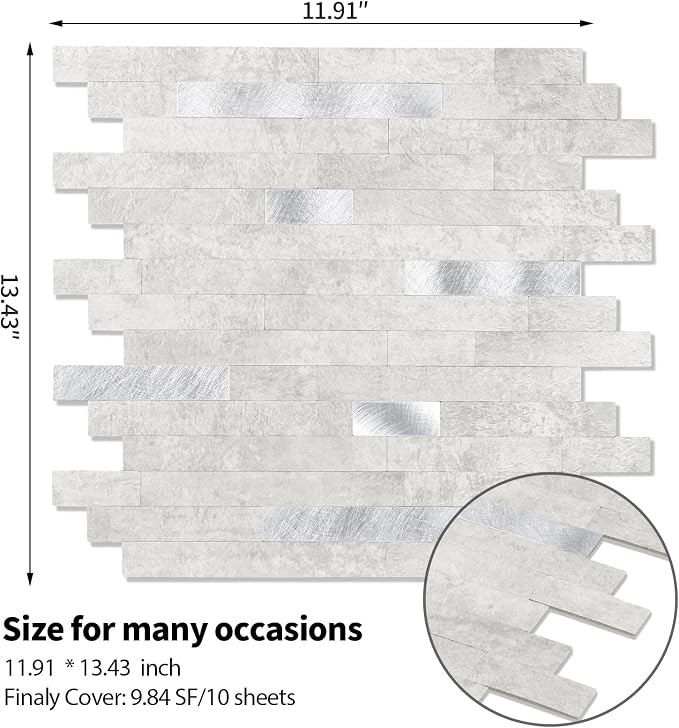 10 - Sheet Peel and Stick Backsplash Wall Tile, PVC Kitchen Backsplash, Stick on Tiles for Backsplash Kitchen (12'' X 12'', White Gray) - Image 3