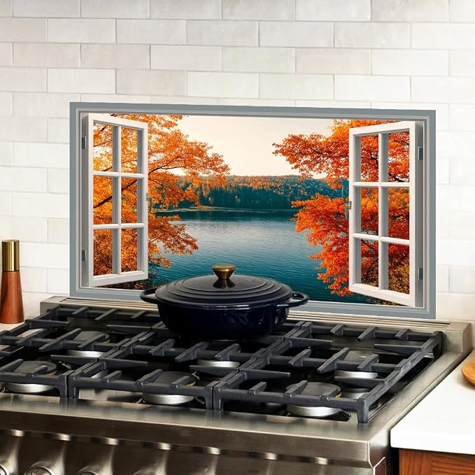 Autumn Lake Kitchen Backsplash Peel and Stick, 30x16 in | Open window view of fiery orange autumn forest over still blue lake; flat 2D waterproof peel and stick; wipe clean; 30x16 in - Image 2