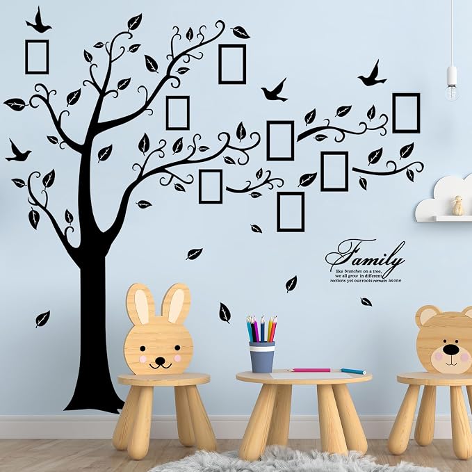 Large Family Photo Tree Wall Sticker 3D Peel and Stick Vinyl Photo Frame Tree Wall Decals Removable Quotes Leaf and Birds Wall Decor for Home Kids Bedroom Living Room Classroom Nursery (Right, Black) - Image 7