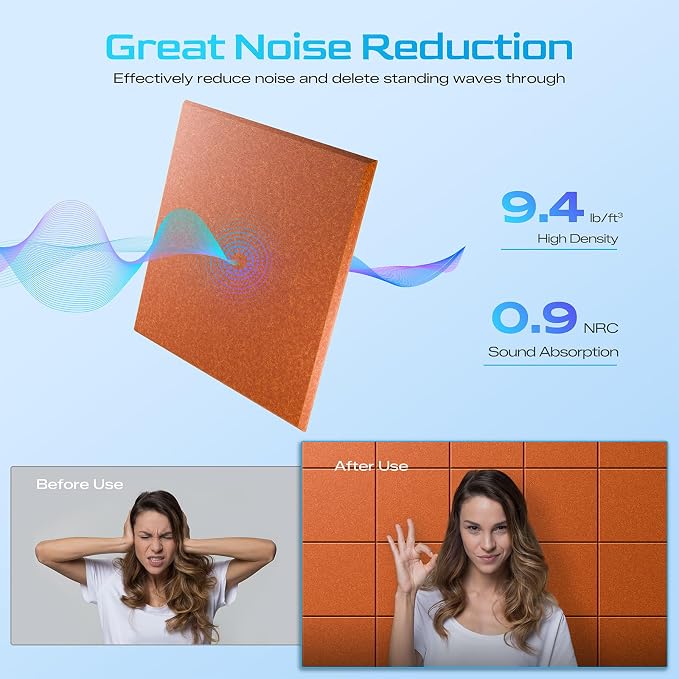 12 Pack Self-Adhesive Acoustic Panels, 12" X 12" X 0.4" High-Density Sound Proof Foam Panels for Walls, Soundproof Wall Panels for Home & Office (Orange) - Image 3