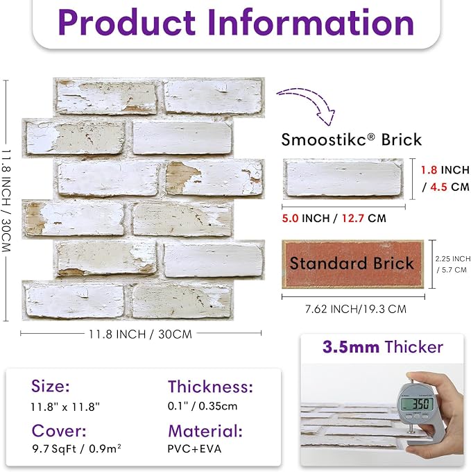 3D Faux Brick Wall Panels Peel and Stick, Designed for Quick DIY | Warm Whitewash, 10 Pcs 11.8" x 11.8", Small Brick-Look, Ultra-Light Fake Brick Covering for Wall Renovation, Cover 9.7 sq ft - Image 3