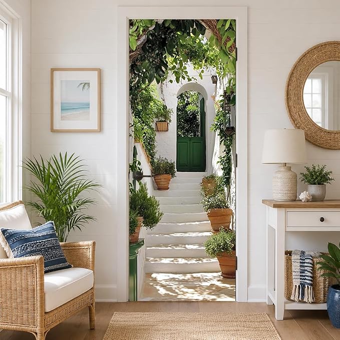 Garden Entry Door Mural, Green Cottage Archway Door Cover | Waterproof PVC, 30.3" W x 78.7" L; green garden archway scene for entryway, bedroom, hallway or office doors. by Cmialusie
