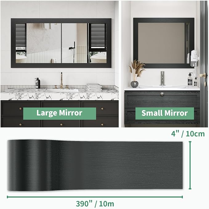10M Peel and Stick Wallpaper Borders 390” x 4” Self Adhesive Mirror Frame Border Wood Grain DIY for Kitchen Bathroom Mirror Removal Border Sticker Wall Decor Cover 10.8 Sq.Ft, Black Wood - Image 3