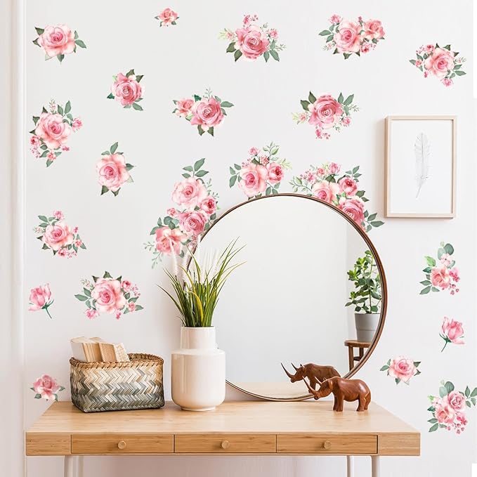 Pink Flowers & Green Leaves Wall Decals - Removable Peel & Stick Garden Floral Wall Stickers for Bedroom & Living Room - Image 5