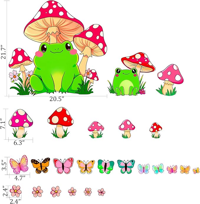 Frog Mushroom Butterfly Wall Decals, Floral Flowers Nursery Wall Stickers | Adorable forest butterflies flowers peel and stick wall decor, removable vinyl wall art mural for kids bedroom preschool - Image 2