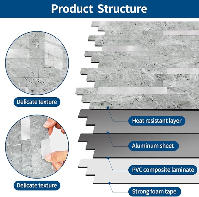 Yipscazo 10 Sheets Peel and Stick Stone Metal Tile Backsplash, Stick on Tiles for Backsplash Kitchen, Bathroom, Laundry Room, Camper, Fireplace (12'' X 12'', Polished Gray) - Image 5