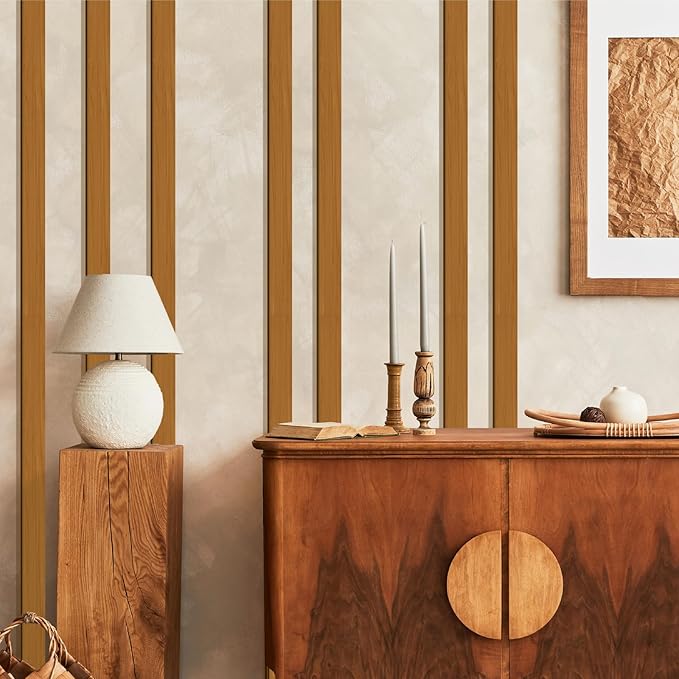 Rustic Wooden Wall Art Decor Striped Decoration Geometric Line Wall Sticker | Wood strips for wall, mid century modern decor, home art plaque, peel and stick, removable, for living room bedroom farmhouse by Easma