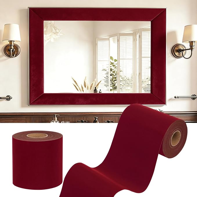 WESTICK Burgundy Red Velvet Mirror Border Peel and Stick Wine Red Bulletin Board Borders for Classroom Removable Decorative Dark Velvet Wallpaper Border for Bathroom DIY Crafts Jewelry Box 3.9" x 160" by WESTICK