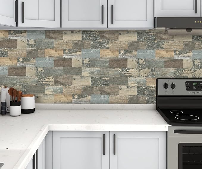 DEWOO Peel and Stick Wall Tile Kitchen Backsplash Self Adhesive 10 Sheet | Distressed,PVC,Rustic,Faux Wood, Country,Farmhouse,13.5" x 11.4" - Image 5
