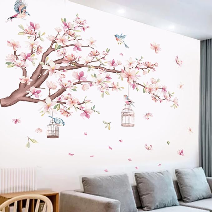 Cherry Blossom Flowers Wall Decals Decor Vinyl Stickers, Magnolia Floral Tree Branch Birds Wall Art Murals, Flower Pattern Wall Stickers for Girls Bedroom Living Room Nursery Decor - Image 3
