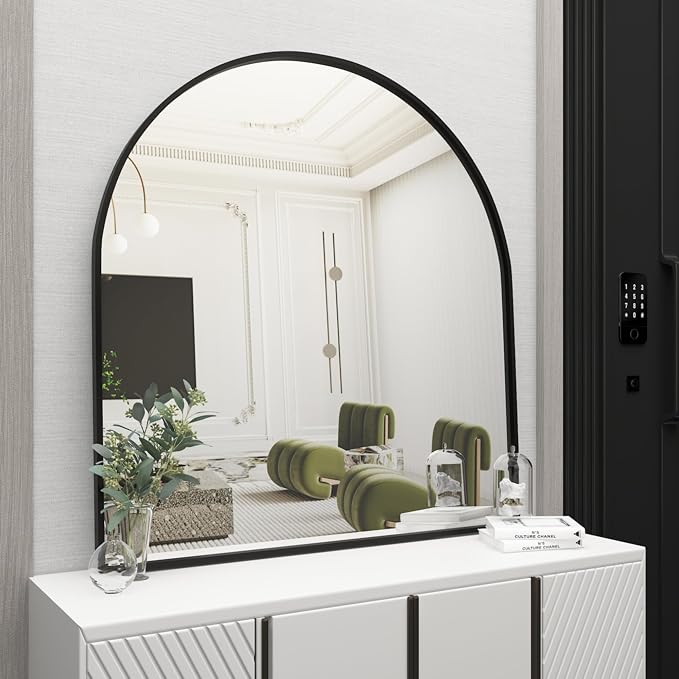 Wall Mounted Mirror, Arched Wall Mirror for Bathroom, 33.5"x29.5" Arch Bathroom Mirror with Metal Frame, Black Vanity Mirror Decor for Mantle, Bedroom, Entryway by NEUWEABY