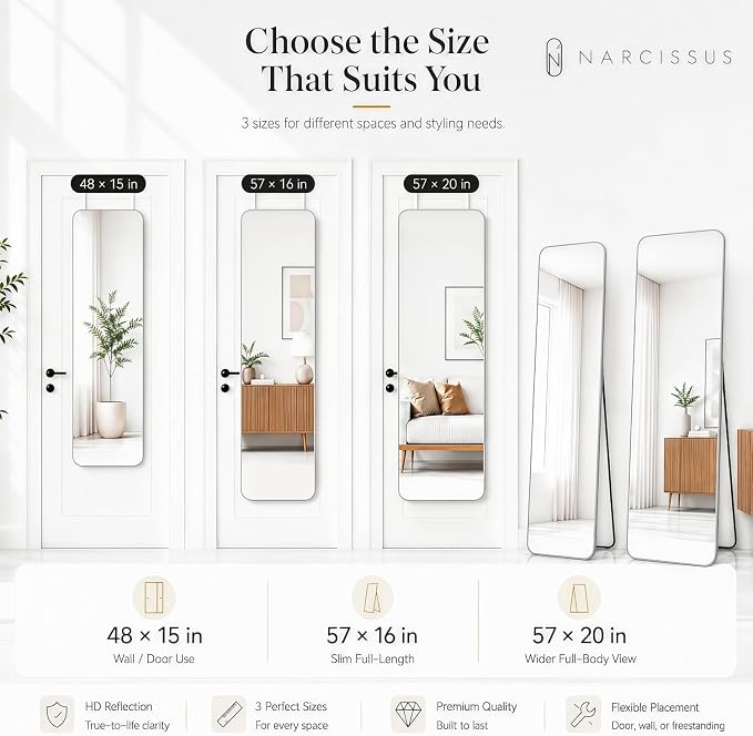 NARCISSUS Over the Door Full Length Mirror 47x14 Inch, Wall Mounted Dressing Mirror, Door Hanging Full Body Mirror HD Reflection Glass for Bedroom, Aluminum Alloy Frame Silver - Image 9