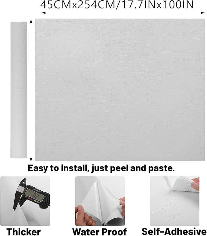 White Wood Wallpaper PVC, 17.5x100 Inch Self-Adhesive Wallpaper, Textured, Waterproof, Washable, for Wall, Cabinets, Drawers Decor - Image 5