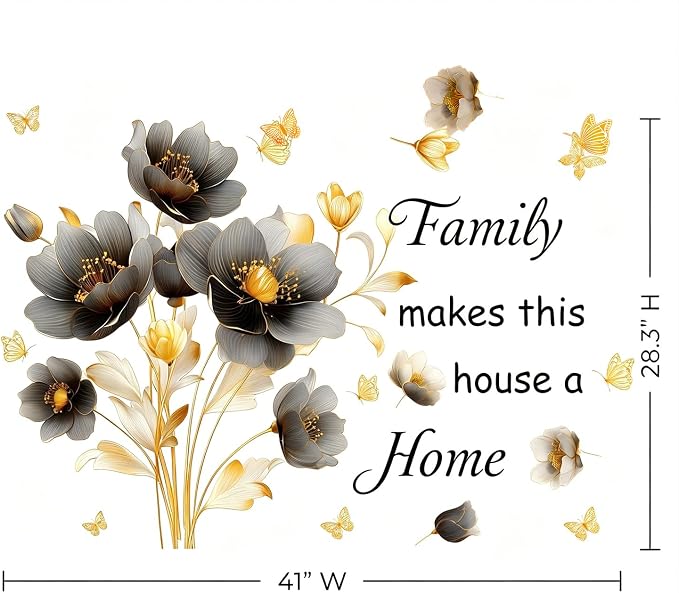 Floral Flower Family Quotes Butterflies Peel and Stick Wall Decor Decals | Elegant gold flower removable vinyl wall stickers mural with "Family makes this house a home" quote for living room bedroom - Image 2