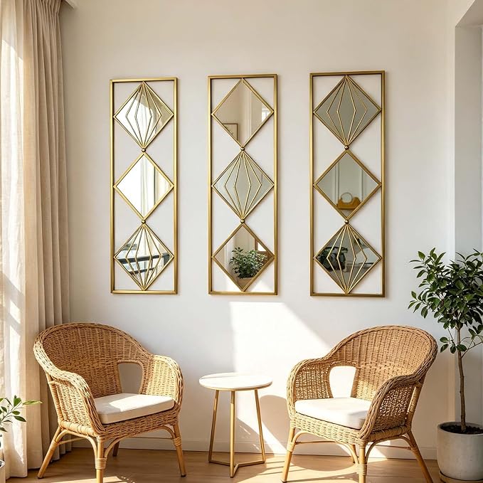 Set of 3 Large Gold wall Mirror Decor, Gold Rust Resistant Metal Frame Decorative Mirror, Rectangula Layout Wall Mount Mirror for Living Room Bedroom Entryway, Dual Use Decor Grooming by Unknown