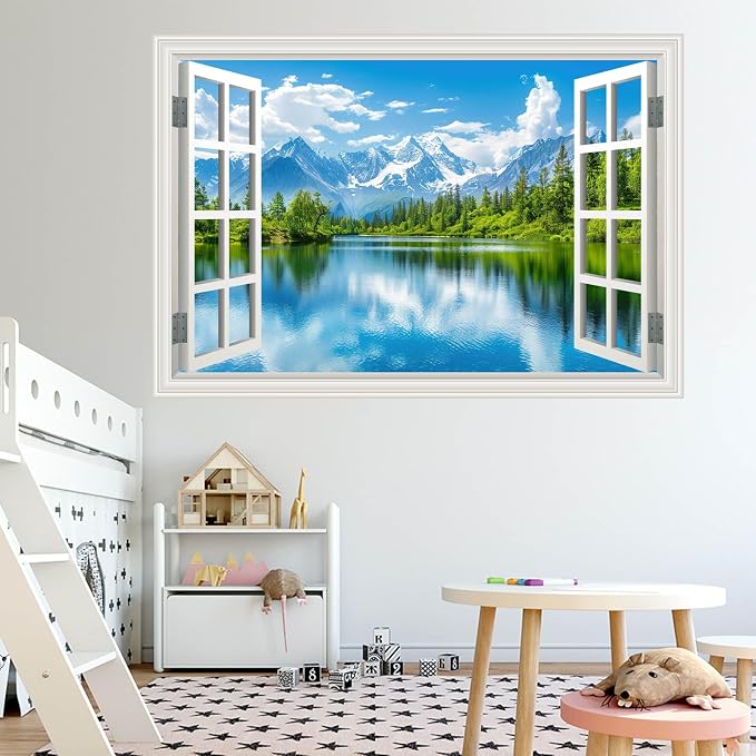 Large Murals 66"x48" Fake Window Wall Mural Sticker Mountain Lake Forest Tree Faux Window Wall Cling Art Picture Office Poster Decals Decor, Stick and Peel Landscape Natural Scenery Scene - Image 3