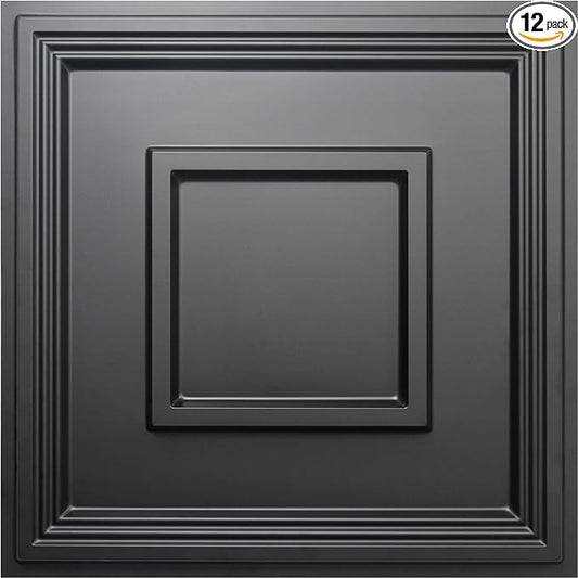 STICKGOO Black PVC Ceiling Tiles, 24 x 24 in, 12 Pack | 2 x 2ft Drop ceiling panels, covers 48 sq ft, lightweight, ideal for glue-up installation or covering existing ceiling by STICKGOO