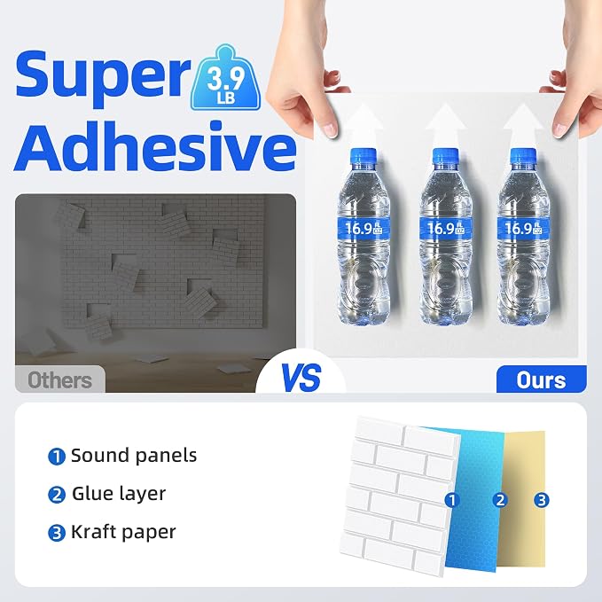 Self-Adhesive Acoustic Panels High Density Sound Proof Foam Panels for Wall | 16 Pack Brick Soundproof Wall Panels, 12" x 12" x 0.4" Sound Dampening Absorbing Panels for Home Studio Decor Office - White - Image 4