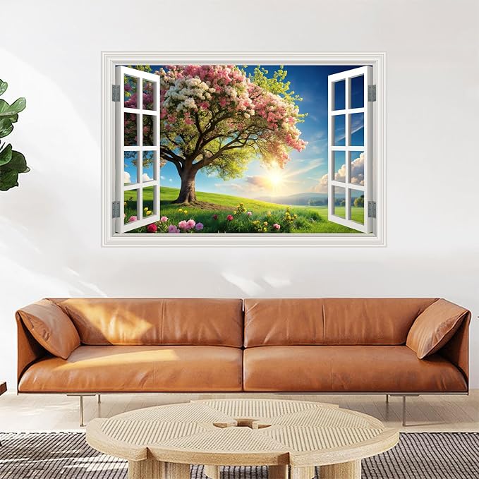 Fake Window Wall Mural Green Flowers Tree Art Poster Faux Window Wall Sticker for Office Home Room Decor, Peel and Stick Wall Decals 48" x 32" Set of 2 Sheets - Image 3
