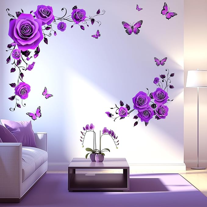 Purple Flower Floral Wall Decals, Butterflies Rose Vines Wall Stickers | Vibrant peel and stick wall decor, removable self‑adhesive vinyl DIY wall art for bedroom living room home wall decoration - Image 3