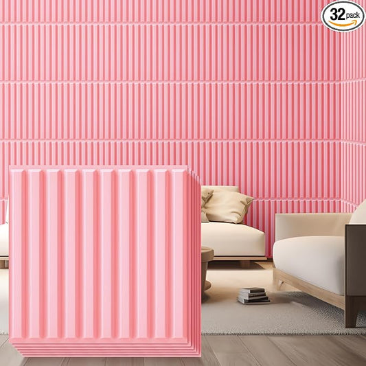 Nuanchu 32 Pcs 3D Wall Panels, 12"x12" PVC Fluted Tiles, Pink | Waterproof Accent Panels, Paintable Wall Tiles, for TV Background, Bedroom, Bathroom, Gaming Room, Cuttable Home DIY Decor by Nuanchu
