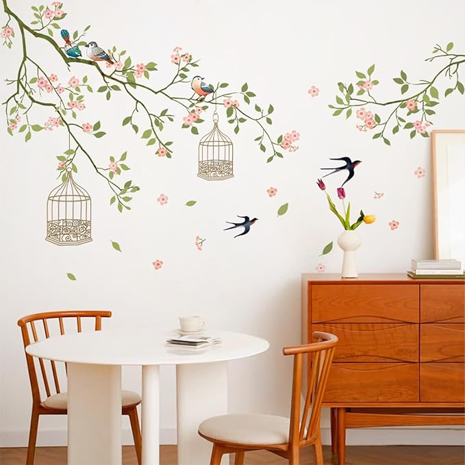 Arawat 2 Set Cherry Blossom Peel and Stick Wall Decals - Flower Bird Tree Stickers, Large Floral Murals for Living Room, Bedroom, Bathroom - Roommates Vinyl Art - Image 2