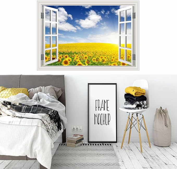 Fake Window Wall Decal- Summer Blooming Sunflowers Open Wall Art Sticker | Faux Window Natural Scenery Landscape Mural ｜ Stick and Peel Wall Decals｜Room Bedroom Office Decor｜48"x32",Set of 2 Sheets - Image 9