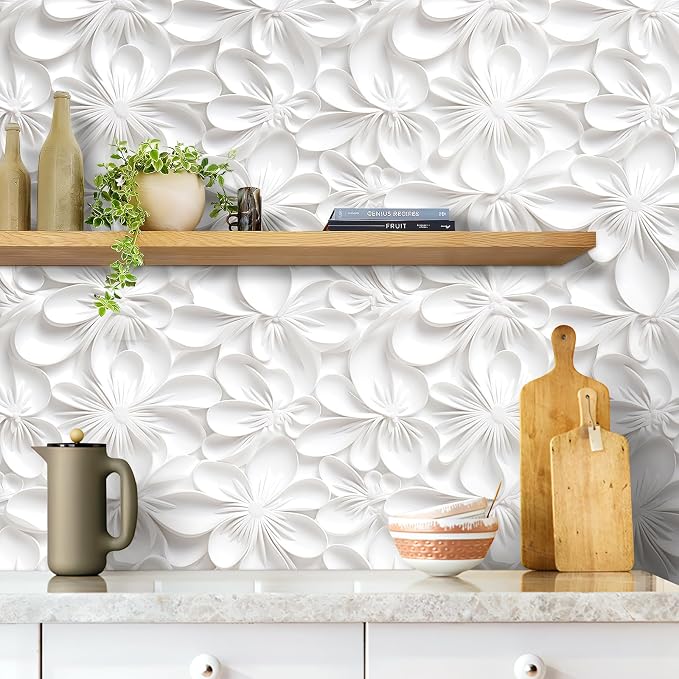 Stickyart 3D White Floral Peel and Stick Wallpaper 17.5"x276" Embossed White Wallpaper for Walls Self Adhesive 3D Flower Contact Paper Removable Decorative Wall Paper for Living Room Drawers Ceiling - Image 4