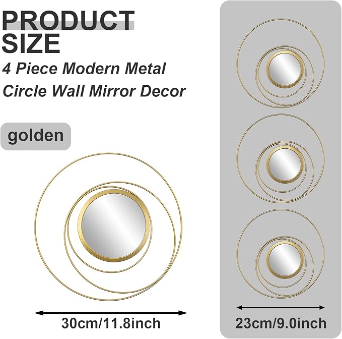 4 Piece Gold Round Wall Mirror Set Modern Metal Circles for Home Decor - Image 2