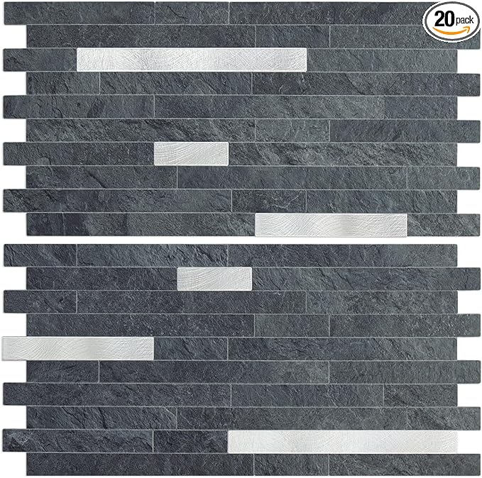 AULIGET 20 Sheets Black Slate Peel and Stick Backsplash, PVC Mixed Metal Silver Wall Tile Stick on Backsplash for Kitchen and Bathroom by AULIGET